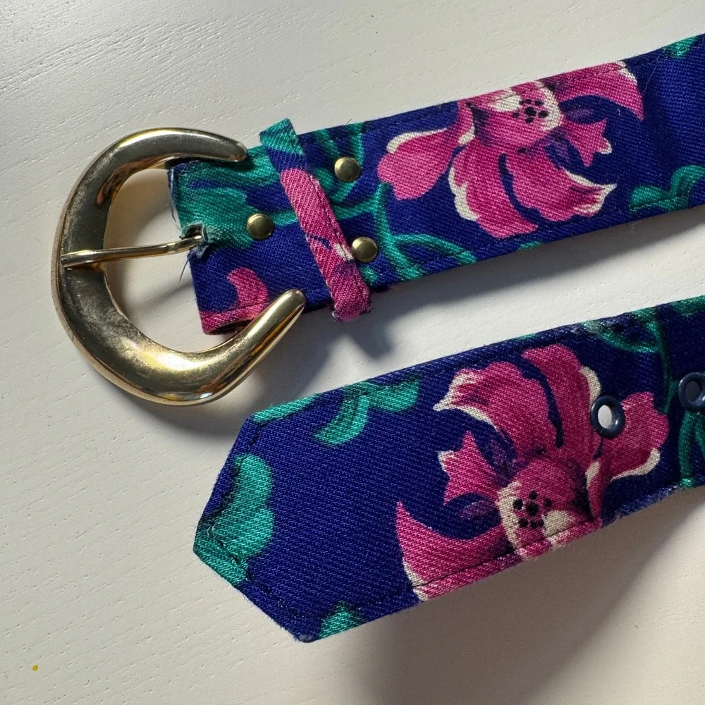 Vtg 80s Blue Floral Wide Waist Fabric Belt Gold Buckle Pink Botanical Maximalist